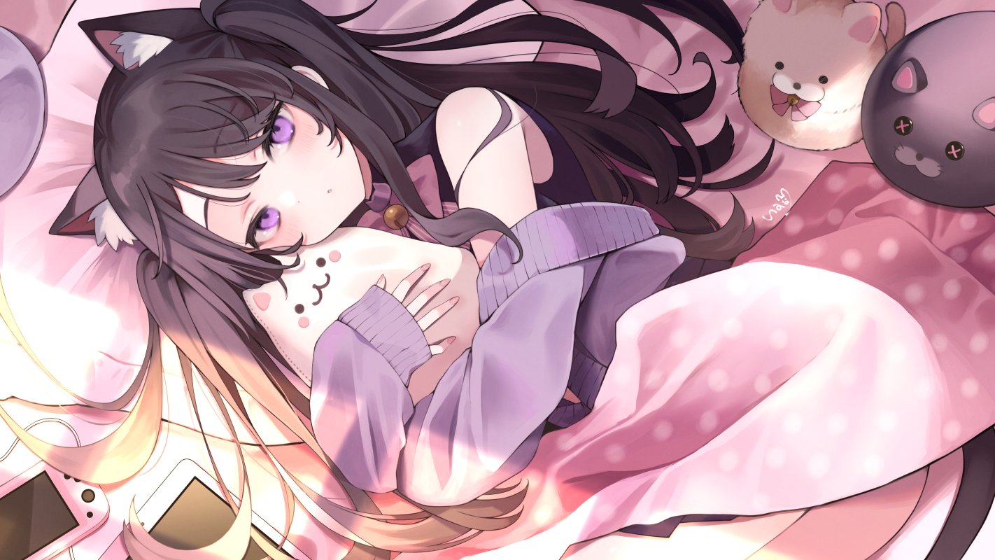 animal_ears, bed, brown_hair, catgirl, long_hair, phone, purple_eyes, shimotsuki_miri, tail, twintails, una_nagi