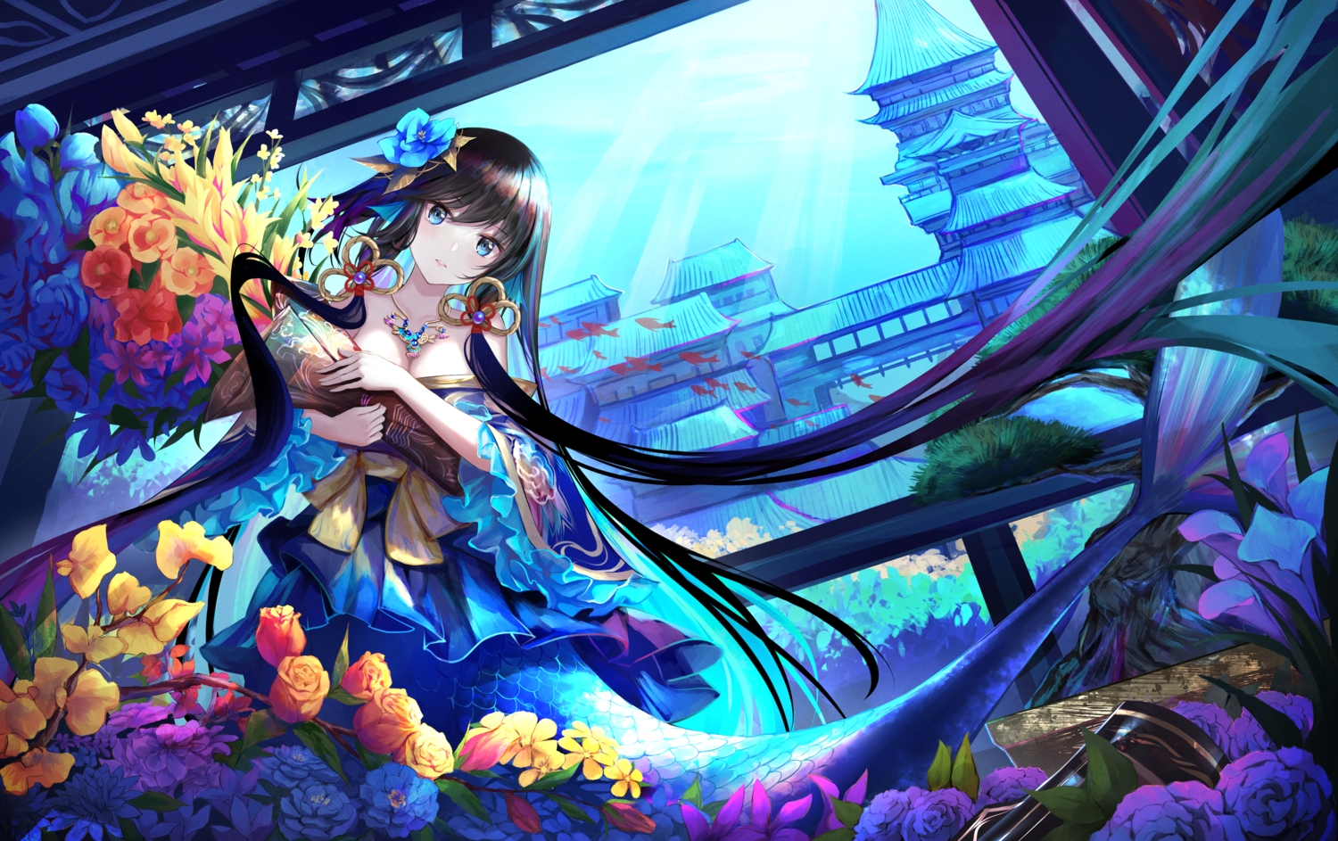 animal, blue_eyes, breasts, brown_hair, building, cleavage, fish, flowers, kiek_qaq, long_hair, mermaid, necklace, original, underwater, water