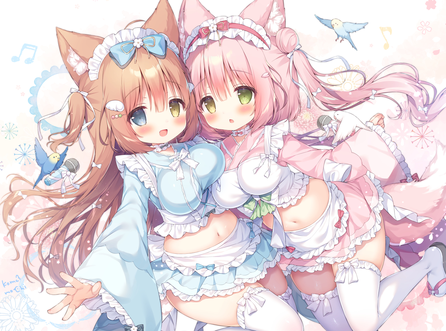 2girls, aliasing, animal, animal_ears, apron, bicolored_eyes, bird, blush