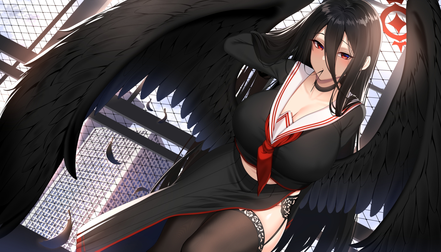 black_hair, blue_archive, blush, breasts, building, chixiao, choker, city, cleavage, clouds, feathers, garter_belt, halo, hanekawa_hasumi, long_hair, navel, red_eyes, rooftop, school_uniform, skirt, sky, stockings, wings