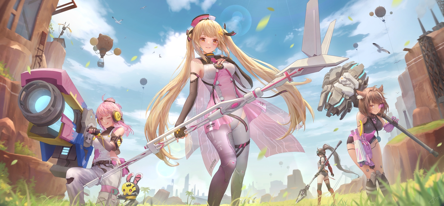 aircraft, animal_ears, apron, black_hair, blonde_hair, blush, bodysuit, breast_hold, brown_hair, bunny, catgirl, echo_(tower_of_fantasy), elbow_gloves, ene_(tower_of_fantasy), garter, gloves, goggles, grass, group, gun, headdress, headphones, hilda_(tower_of_fantasy), industrial, jay_xu, kneehighs, leotard, long_hair, orange_eyes, pepper_(tower_of_fantasy), pink_hair, ponytail, short_hair, sky, spear, staff, tattoo, techgirl, thighhighs, tower_of_fantasy, twintails, weapon, wink, yellow_eyes