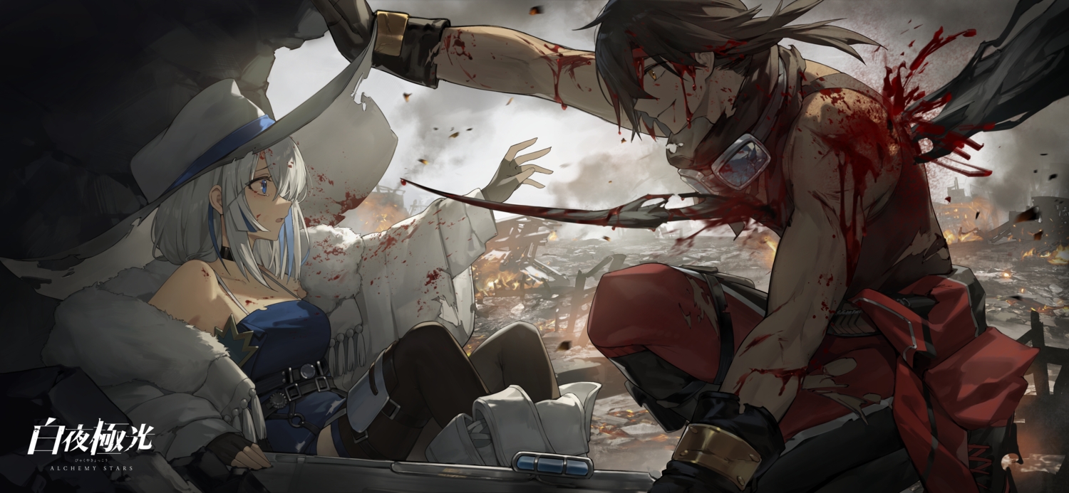 alchemy_stars, aliasing, armor, azure_(alchemy_stars), blood, blue_eyes, boots, brown_hair