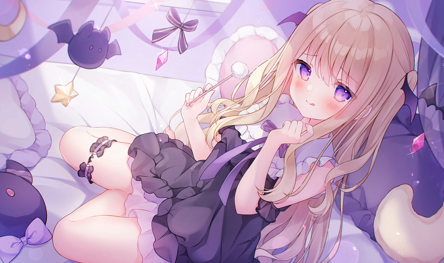 bed, blonde_hair, bow, dress, garter, long_hair, omochi_monaka, purple_eyes, re:act, ribbons, tsukushi_aria, twintails