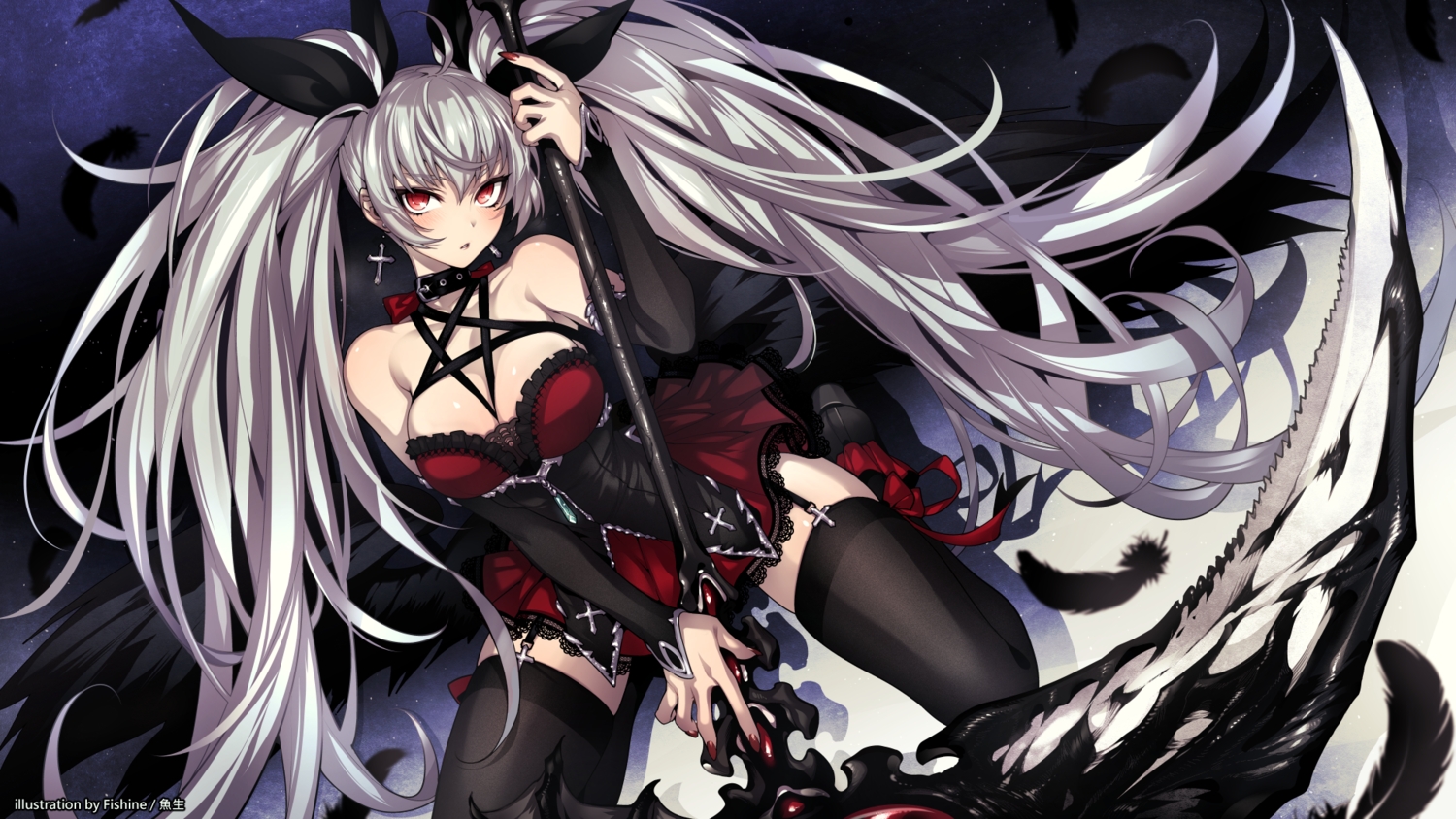 blush, breasts, burst_witch, cleavage, collar, cross, dress, feathers
