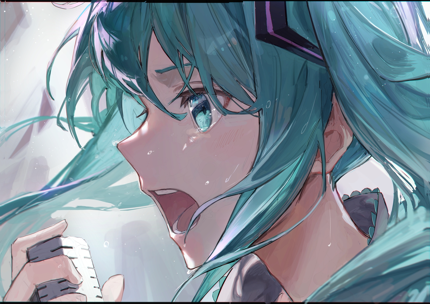 aqua_eyes, aqua_hair, close, clouds, crying, hatsune_miku, karasuro, microphone, tears, vocaloid