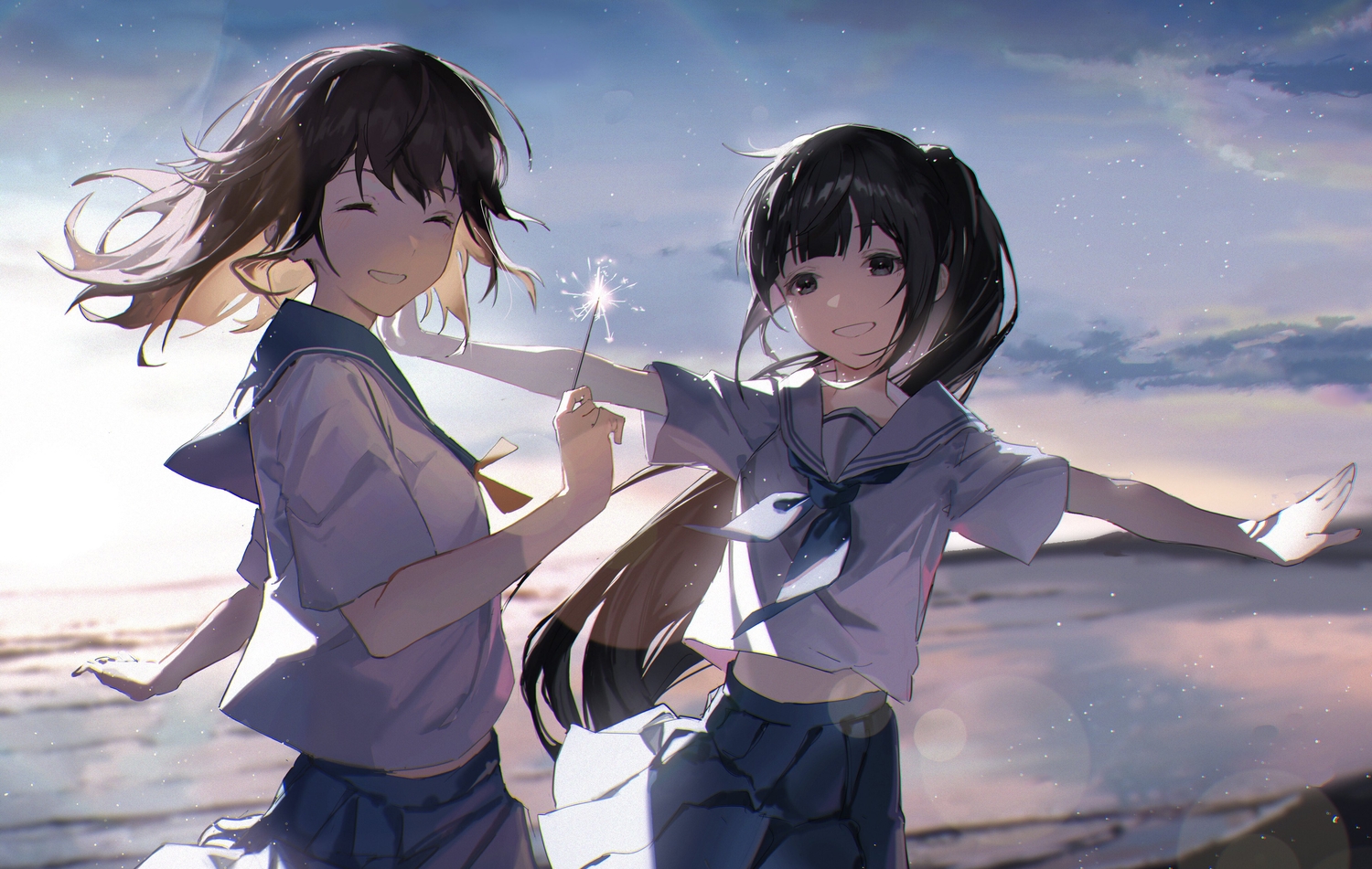 2girls, beach, black_eyes, black_hair, brown_hair, fireworks, karasuro, original, ponytail, school_uniform, sky