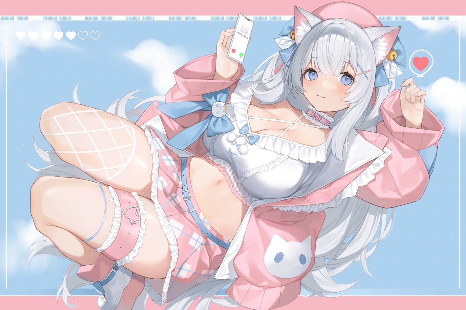 animal_ears, bell, blue_eyes, breasts, catgirl, chucolala, cleavage, garter, gray_hair, long_hair, navel, open_shirt, phone, shirayuki_aria, skirt, thighhighs, yykuaixian