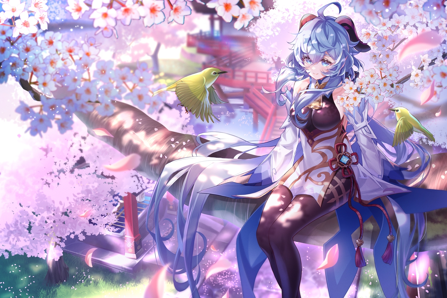 animal, bird, blue_hair, cherry_blossoms, flowers, ganyu_(genshin_impact), genshin_impact, horns