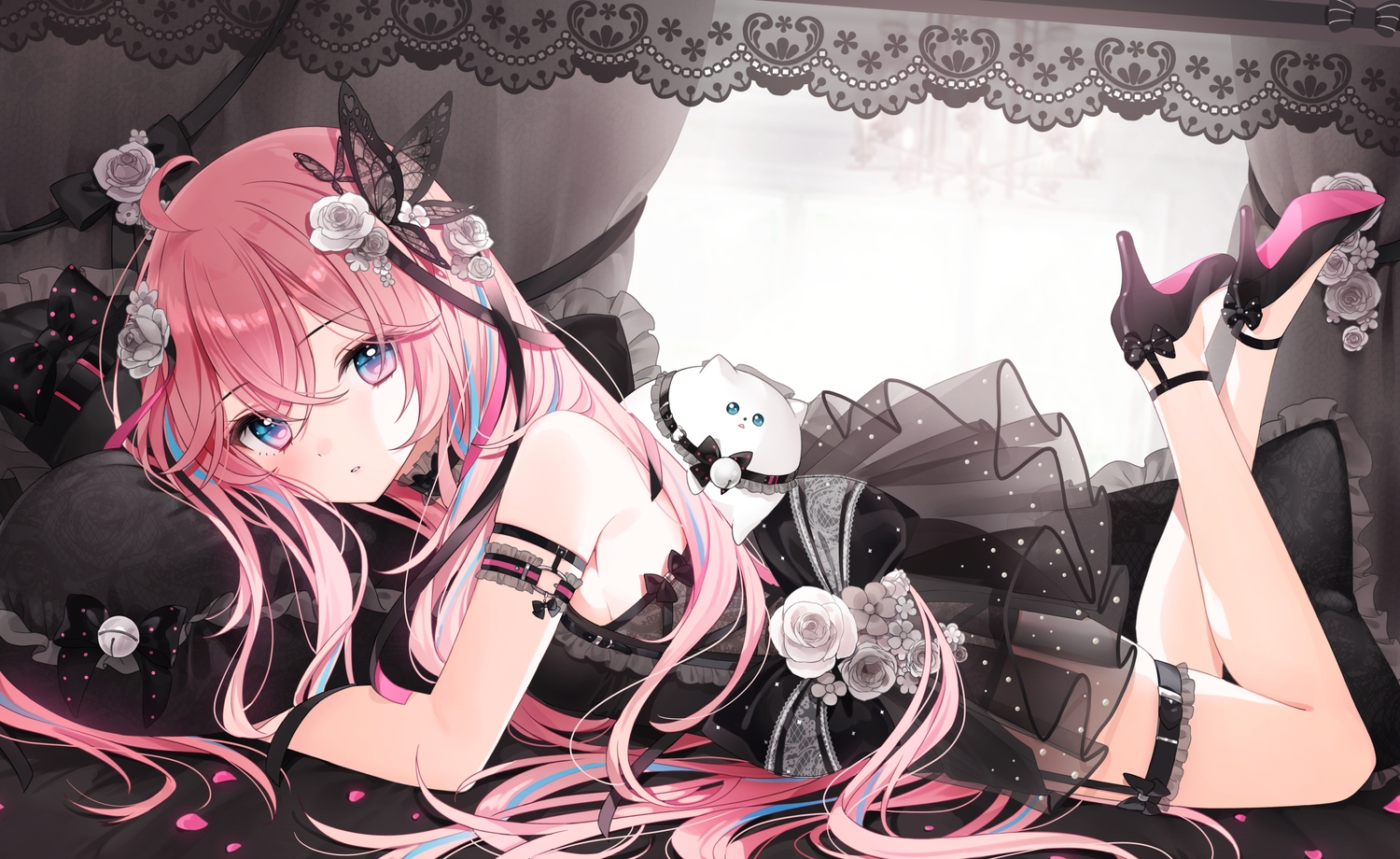 a20_(atsumaru), bed, goth-loli, hanagumo_kuyuri, hitotose_tanteidan, lolita_fashion, long_hair, pink_hair, purple_eyes, see_through