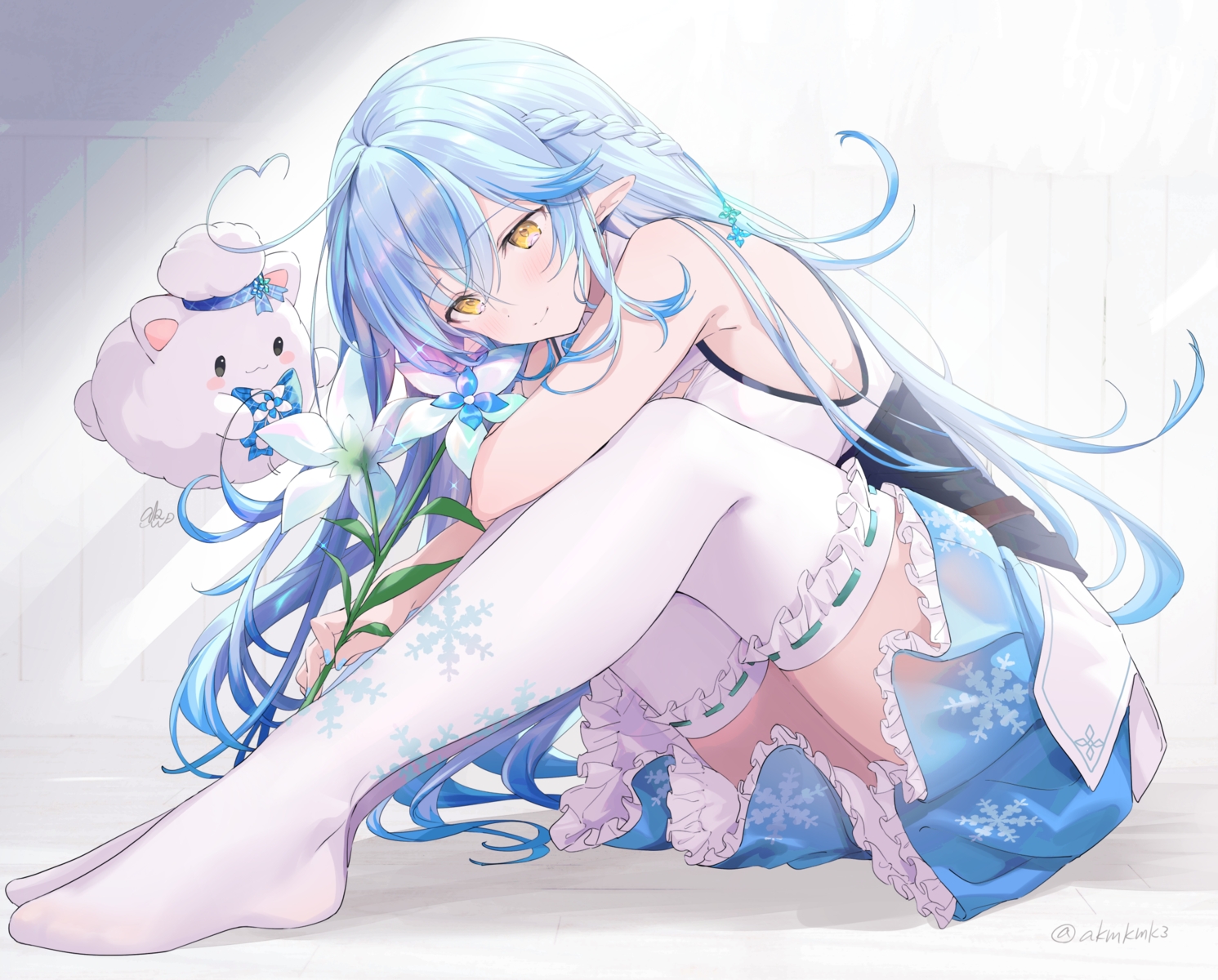 akamoku, blue_hair, blush, bow, braids, flowers, hololive, long_hair