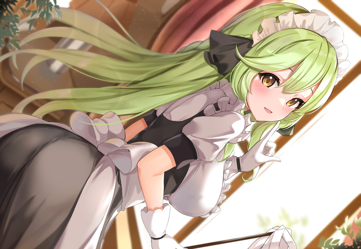 apron, ass, blush, brown_eyes, gloves, green_hair, headdress, j_young, long_hair, maid, original