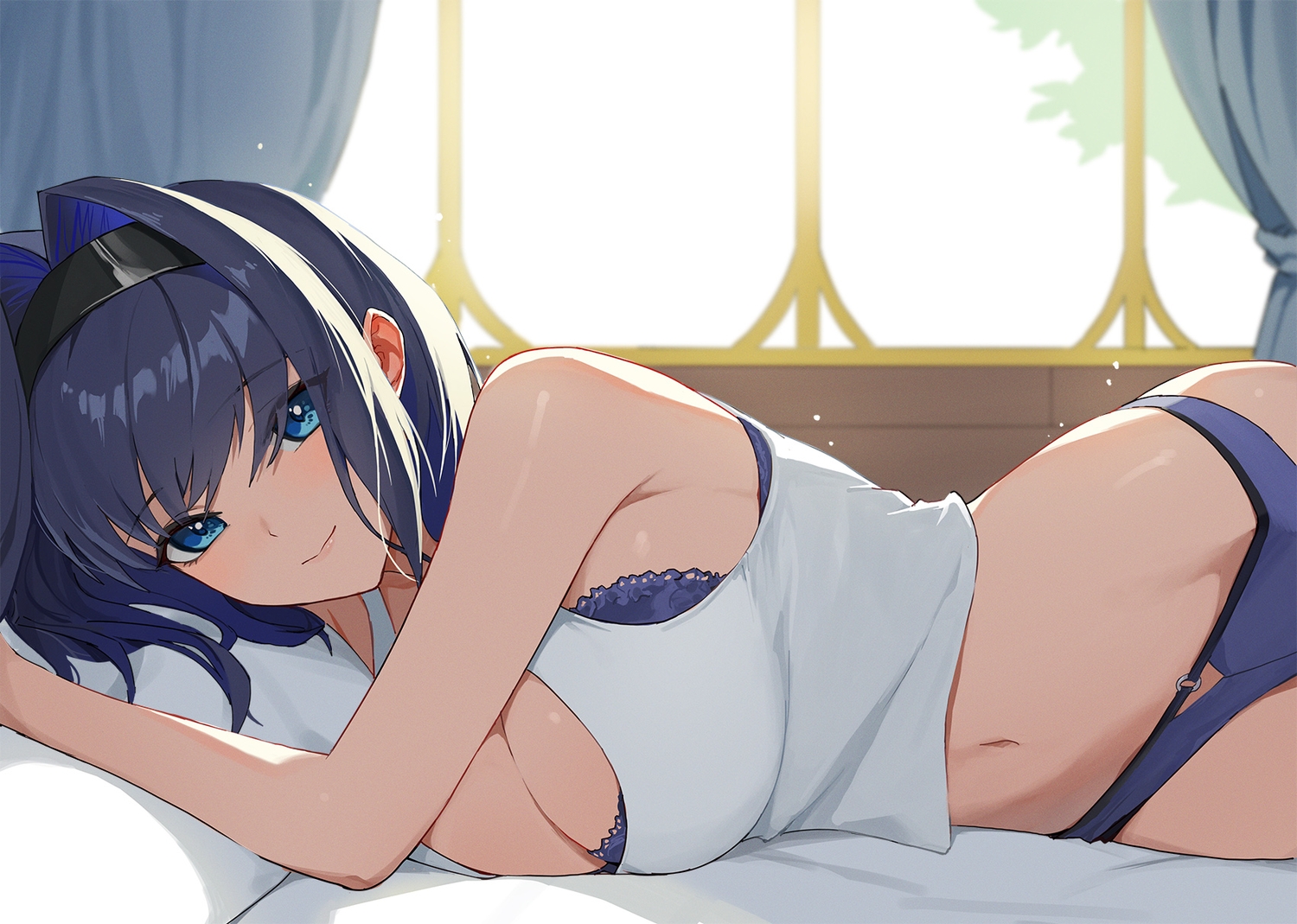 bed, blue_eyes, blue_hair, bra, breasts, cleavage, headband, hololive, jason_kim, navel, ouro_kronii, panties, short_hair, underwear