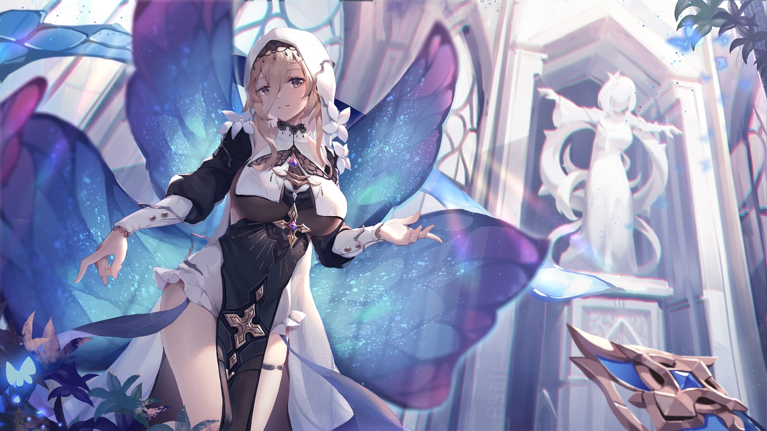 aponia_(honkai_impact), asc11, blonde_hair, brown_eyes, butterfly, dress, garter, headdress, honkai_impact, honkai_(series), long_hair, nun