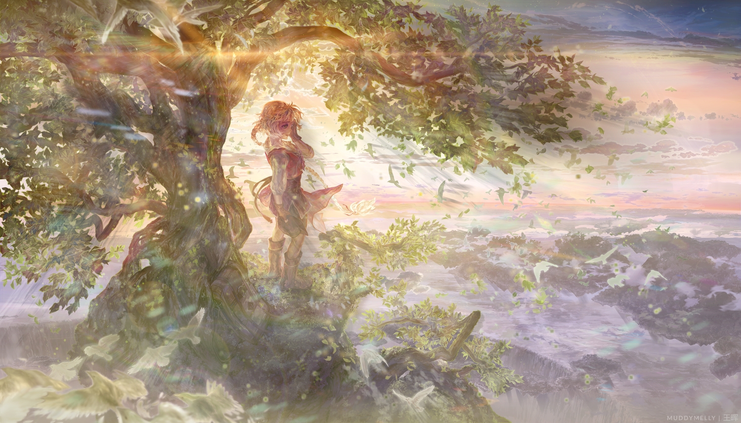blonde_hair, landscape, muddymelly, original, ponytail, scenic, skirt, tree