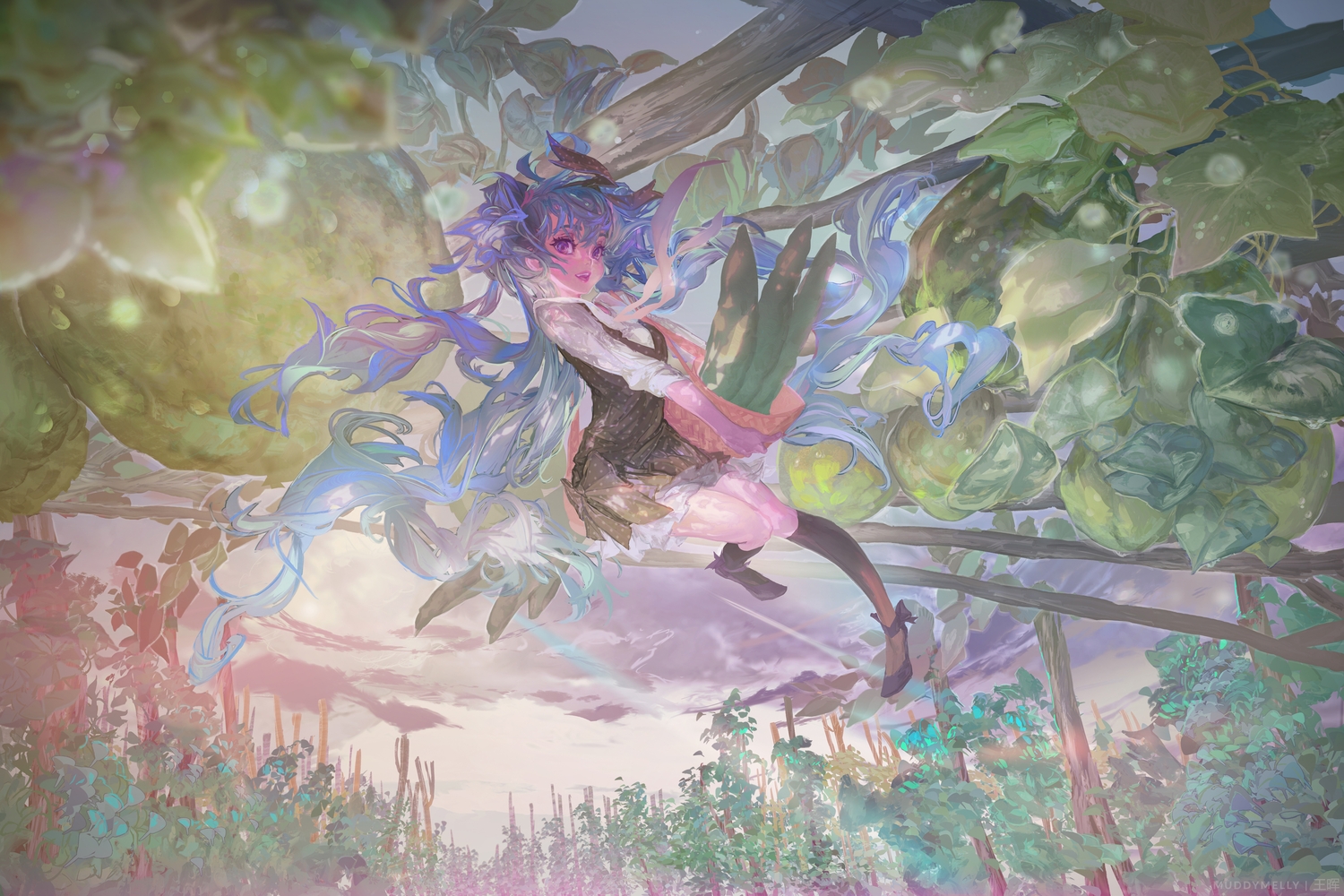 blue_hair, muddymelly, original, purple_eyes, skirt, watermark