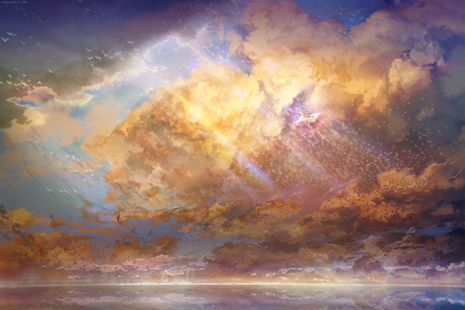 blue_hair, clouds, muddymelly, original, purple_eyes, sky, sunset, watermark