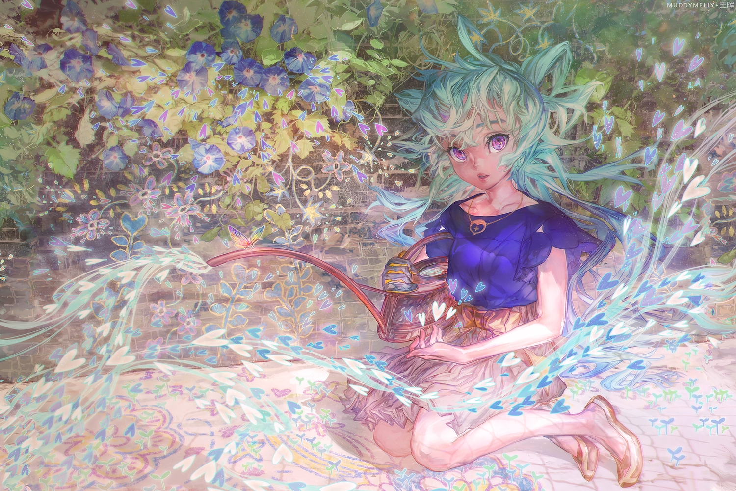 flowers, green_hair, muddymelly, necklace, original, purple_eyes, skirt, water