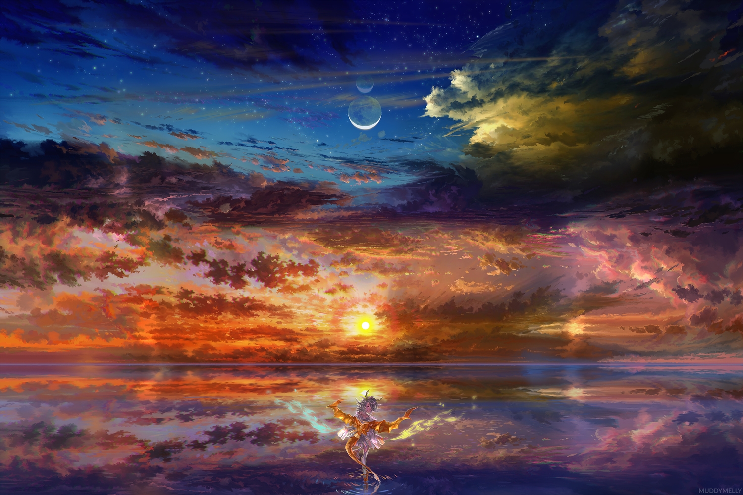 horns, moon, muddymelly, original, skirt, sunset, watermark, wings