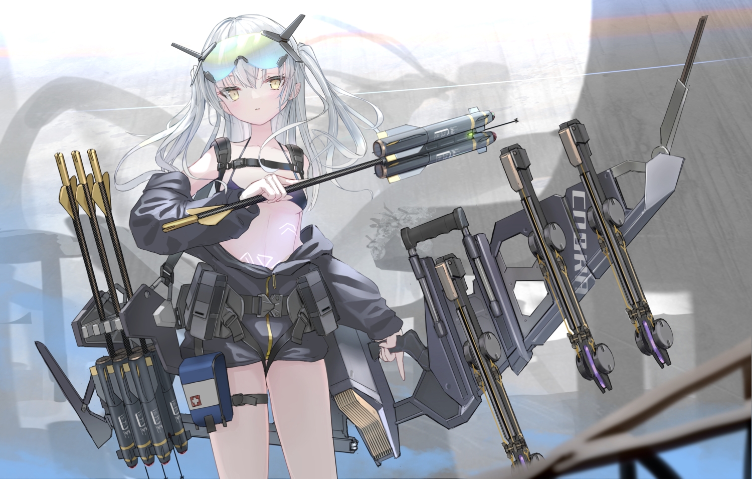 bikini_top, bow_(weapon), garter, goggles, gray_hair, long_hair, msz0062zeta2, open_shirt, original, sketch, twintails, weapon, yellow_eyes