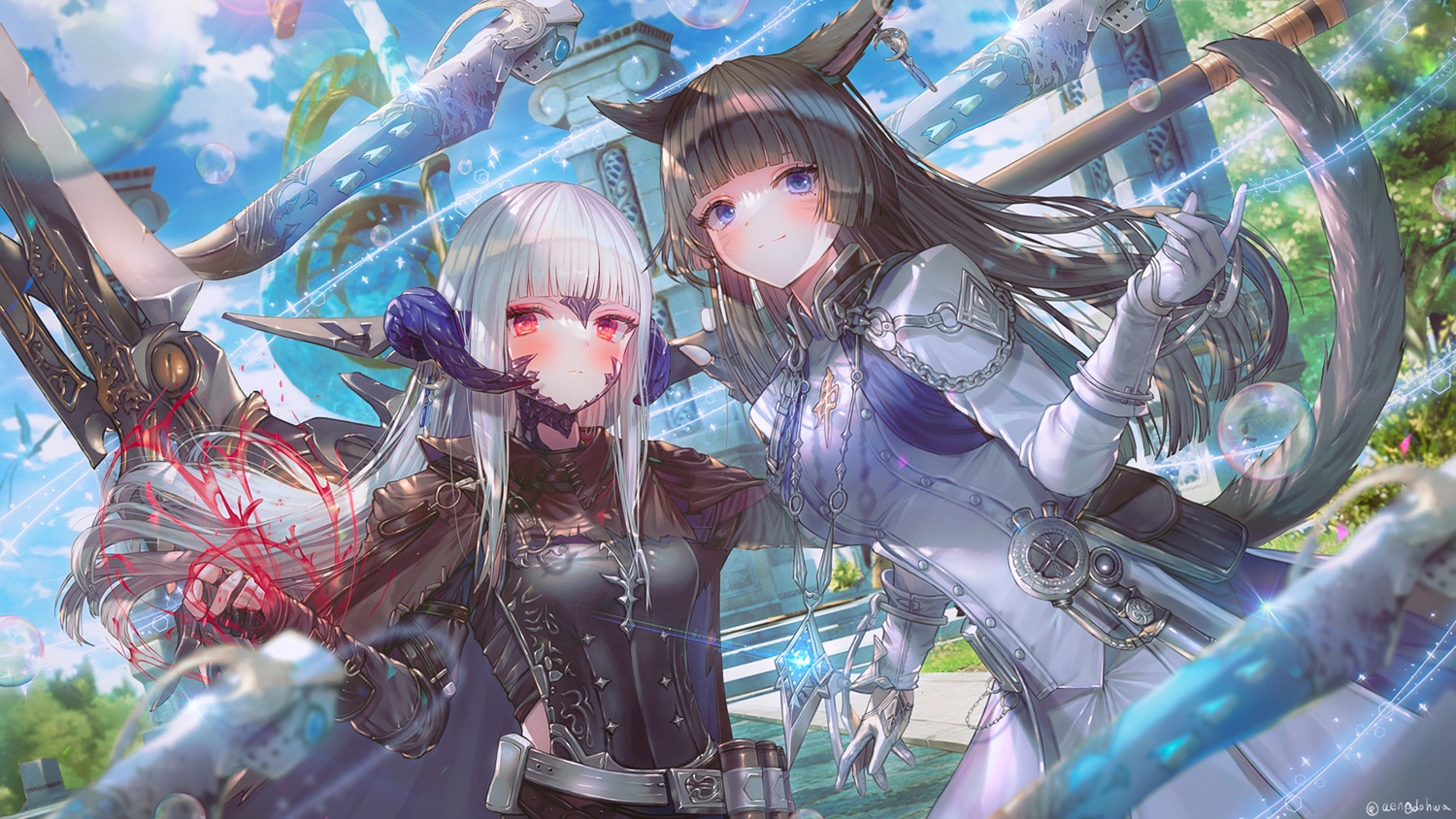 2girls, animal_ears, au_ra, brown_hair, cape, catgirl, clouds, dress