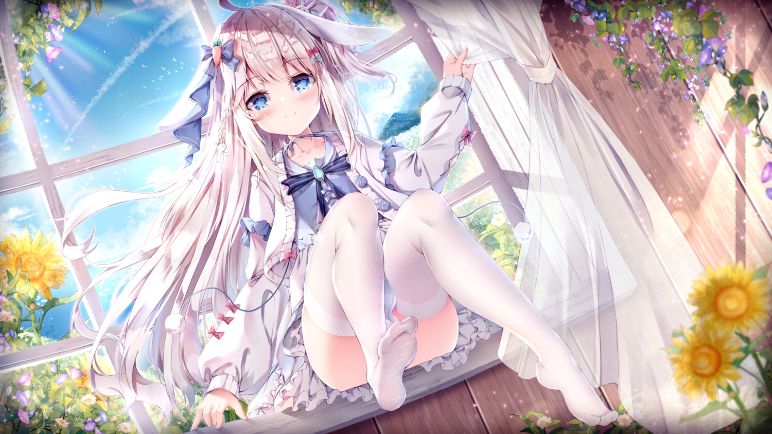 animal_ears, blue_eyes, blush, clouds, dress, flowers, gray_hair, long_hair