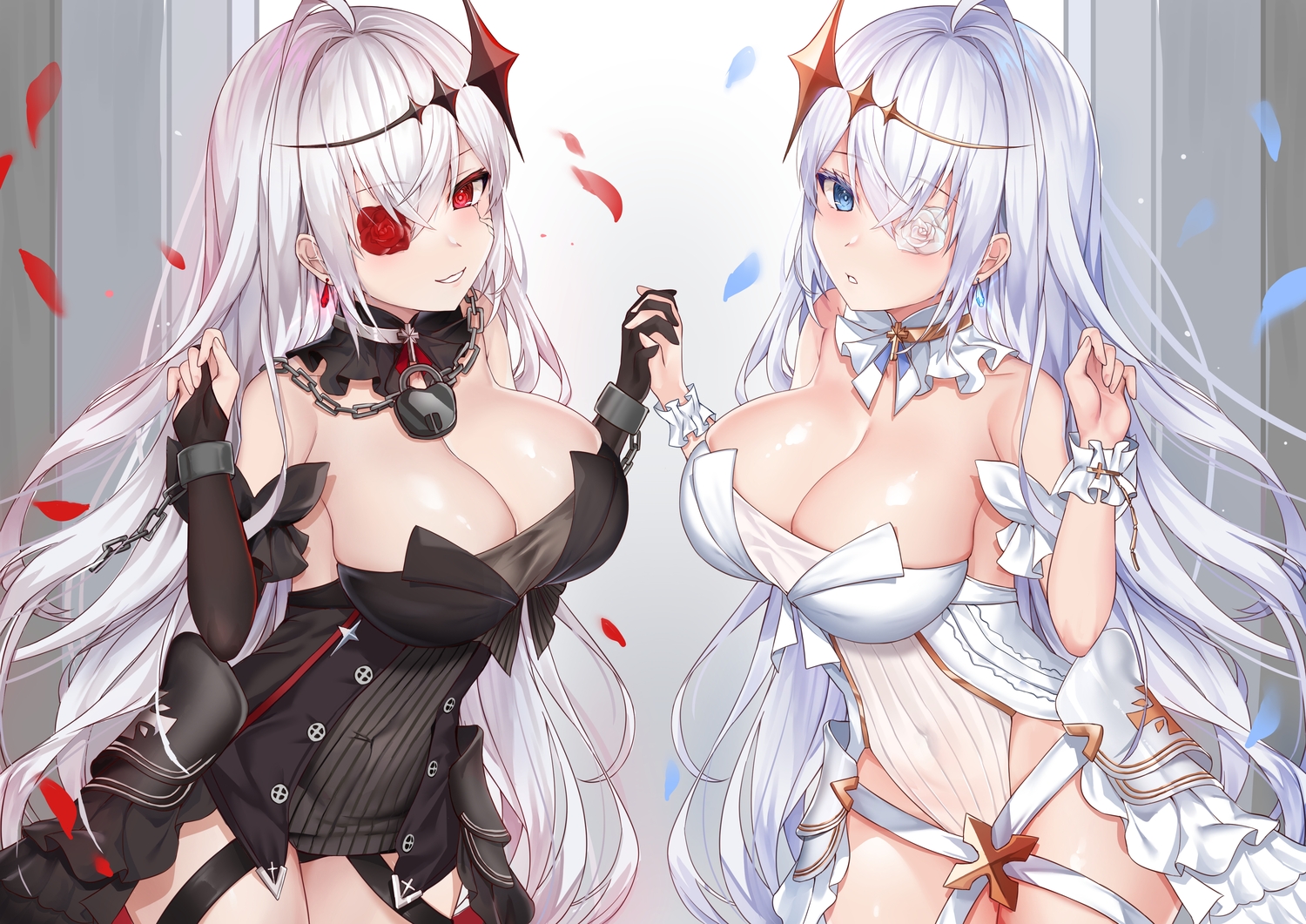 2girls, anthropomorphism, azur_lane, blue_eyes, breasts, cleavage, deogho_(liujinzy9854), emden_(azur_lane)