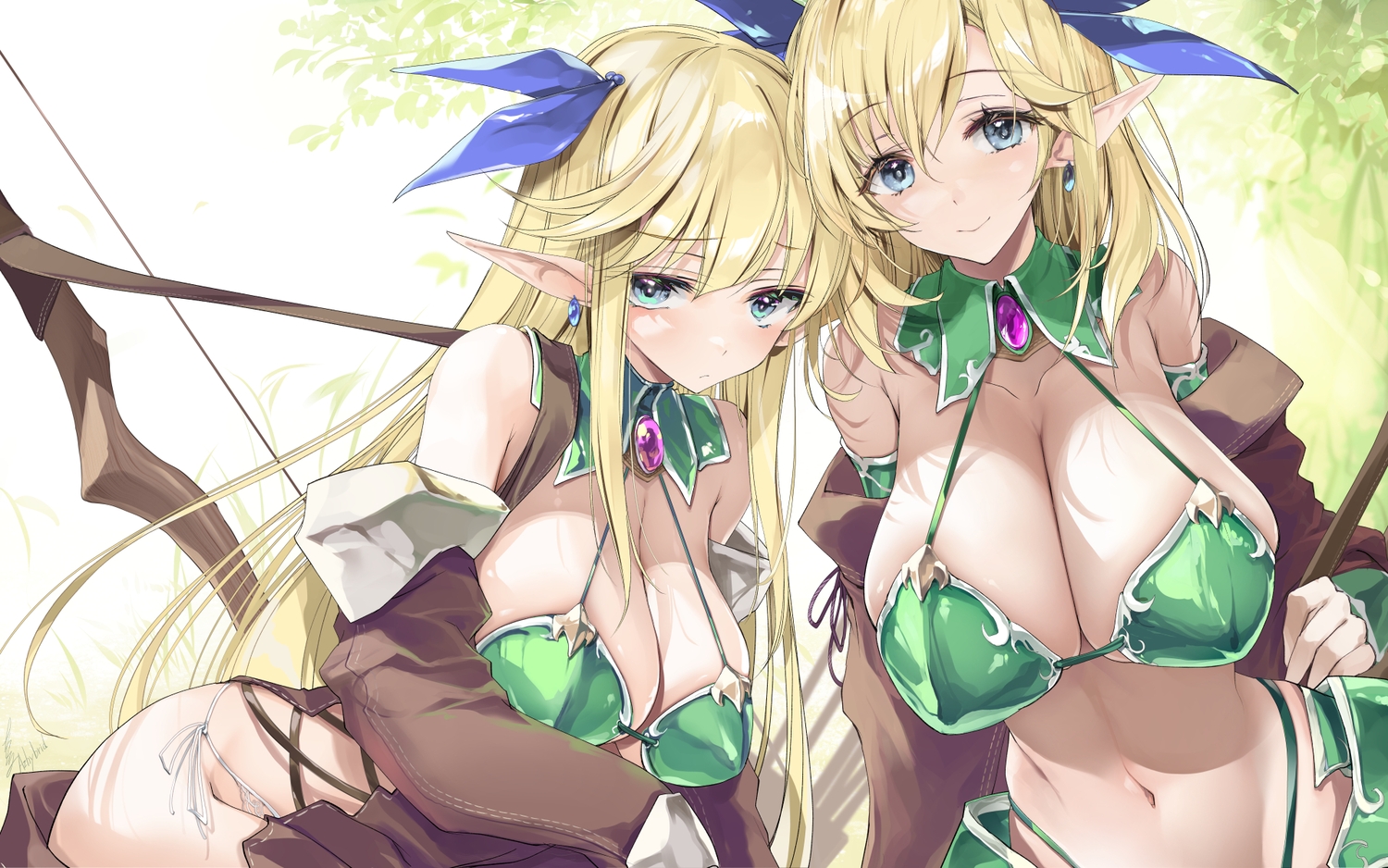 2girls, aliasing, armor, bikini, blonde_hair, blue_eyes, bow_(weapon), breasts, cleavage, green_eyes, long_hair, original, pointed_ears, swimsuit, weapon, won_(az_hybrid)