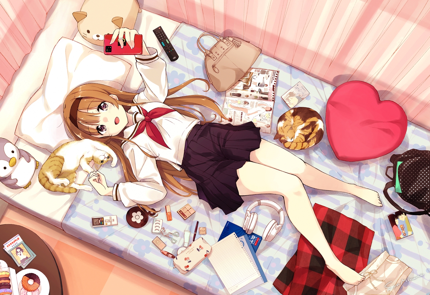 animal, barefoot, bed, book, brown_hair, camera, cat, food