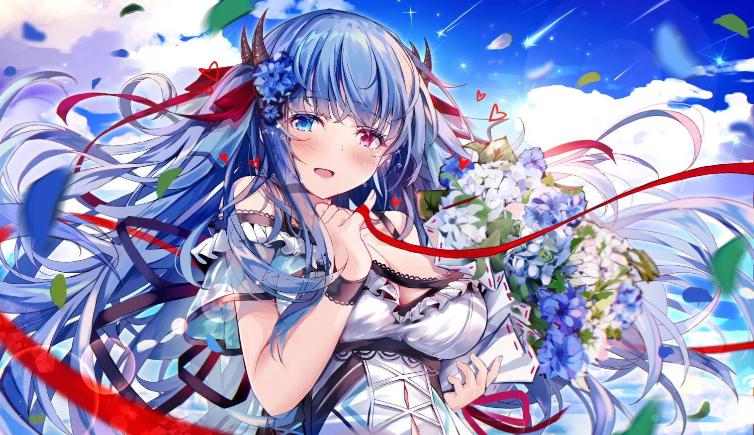 aliasing, anthropomorphism, azur_lane, bicolored_eyes, blush, breasts, cleavage, close, clouds, flowers, heaven's_melody, horns, ibuki_(azur_lane), long_hair, purple_eyes, ribbons, sky, tears