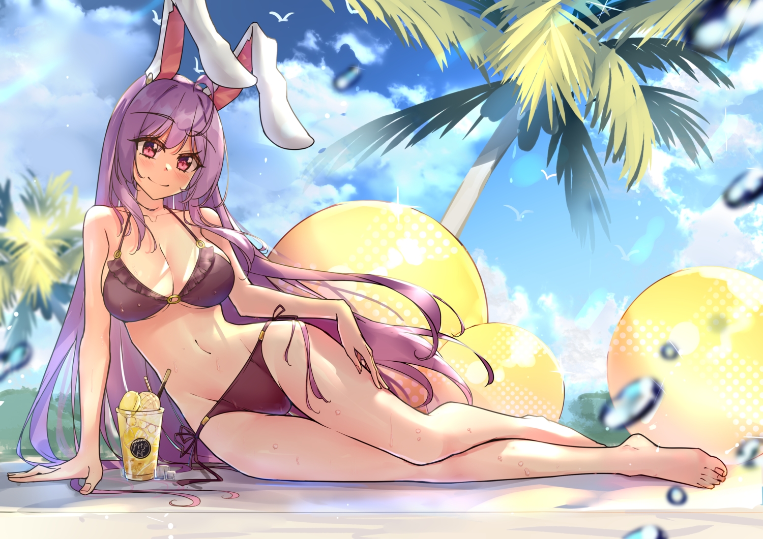 animal_ears, ball, barefoot, bikini, breasts, bunny_ears, bunnygirl, cleavage