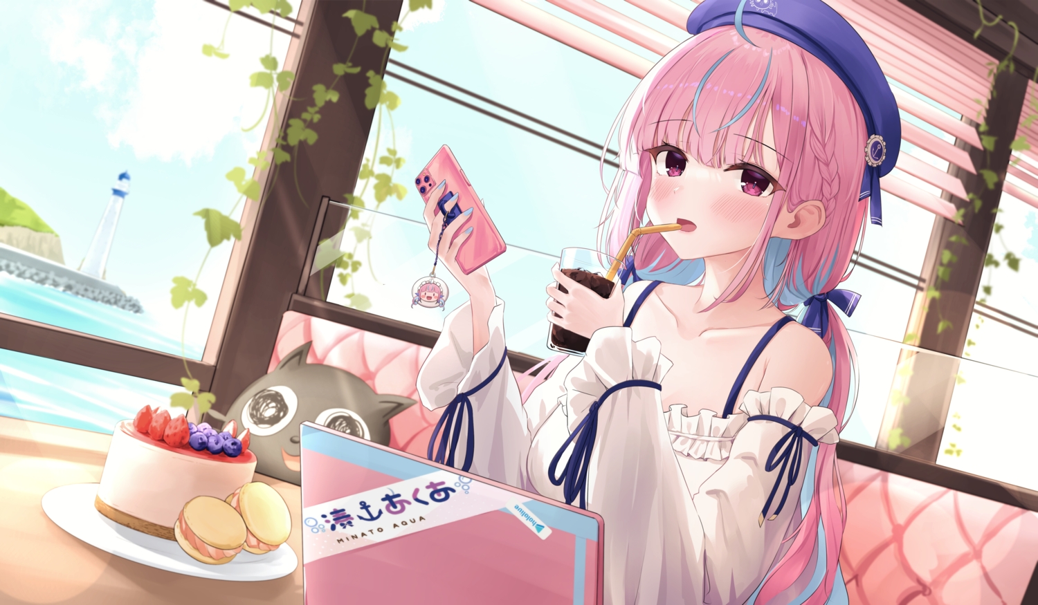 braids, cake, close, clouds, computer, daran9, drink, food, fruit, hat, hololive, long_hair, minato_aqua, phone, pink_eyes, pink_hair, sky, strawberry, twintails, water