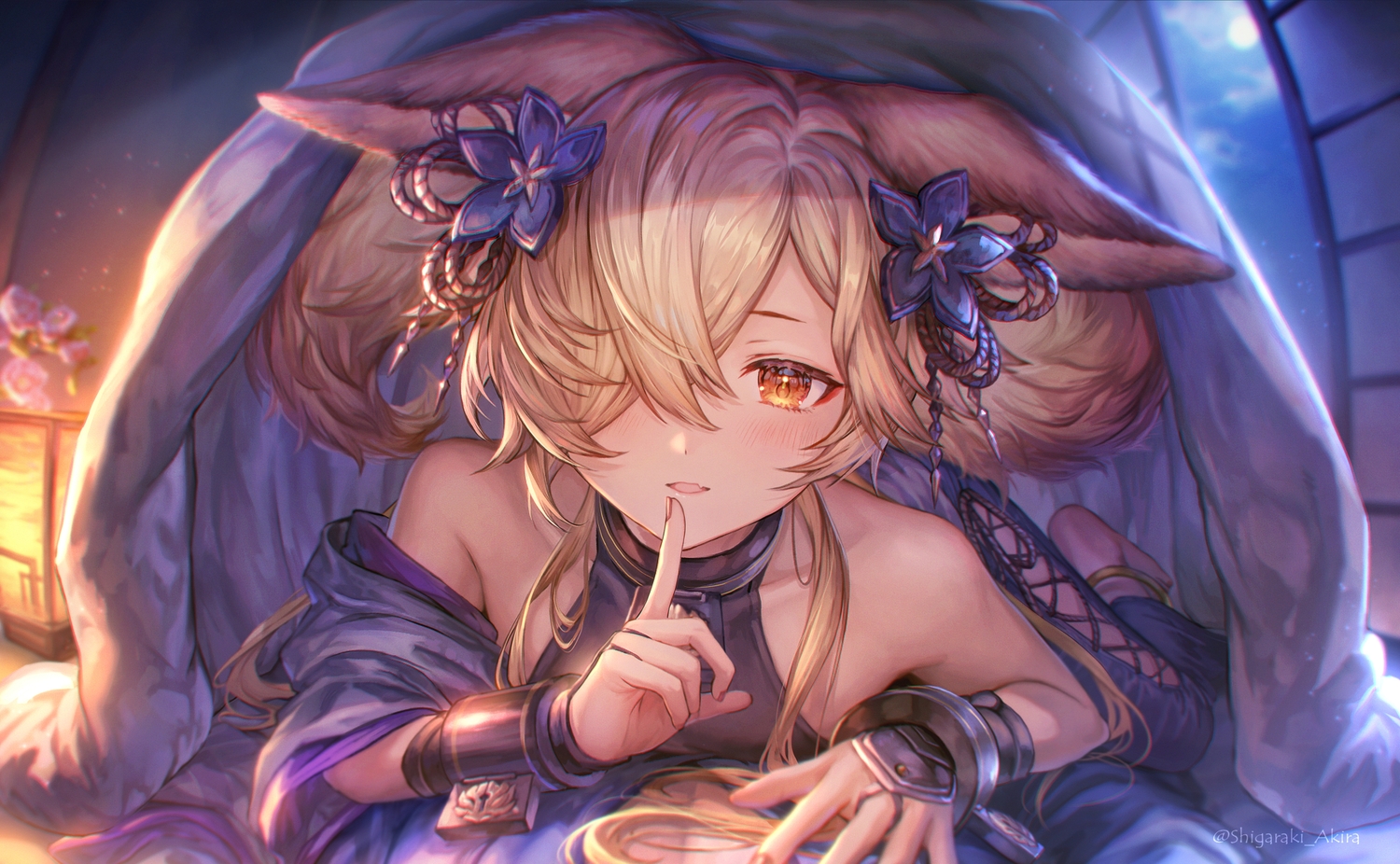 all_male, animal_ears, barefoot, blonde_hair, blush, fang, gloves, granblue_fantasy
