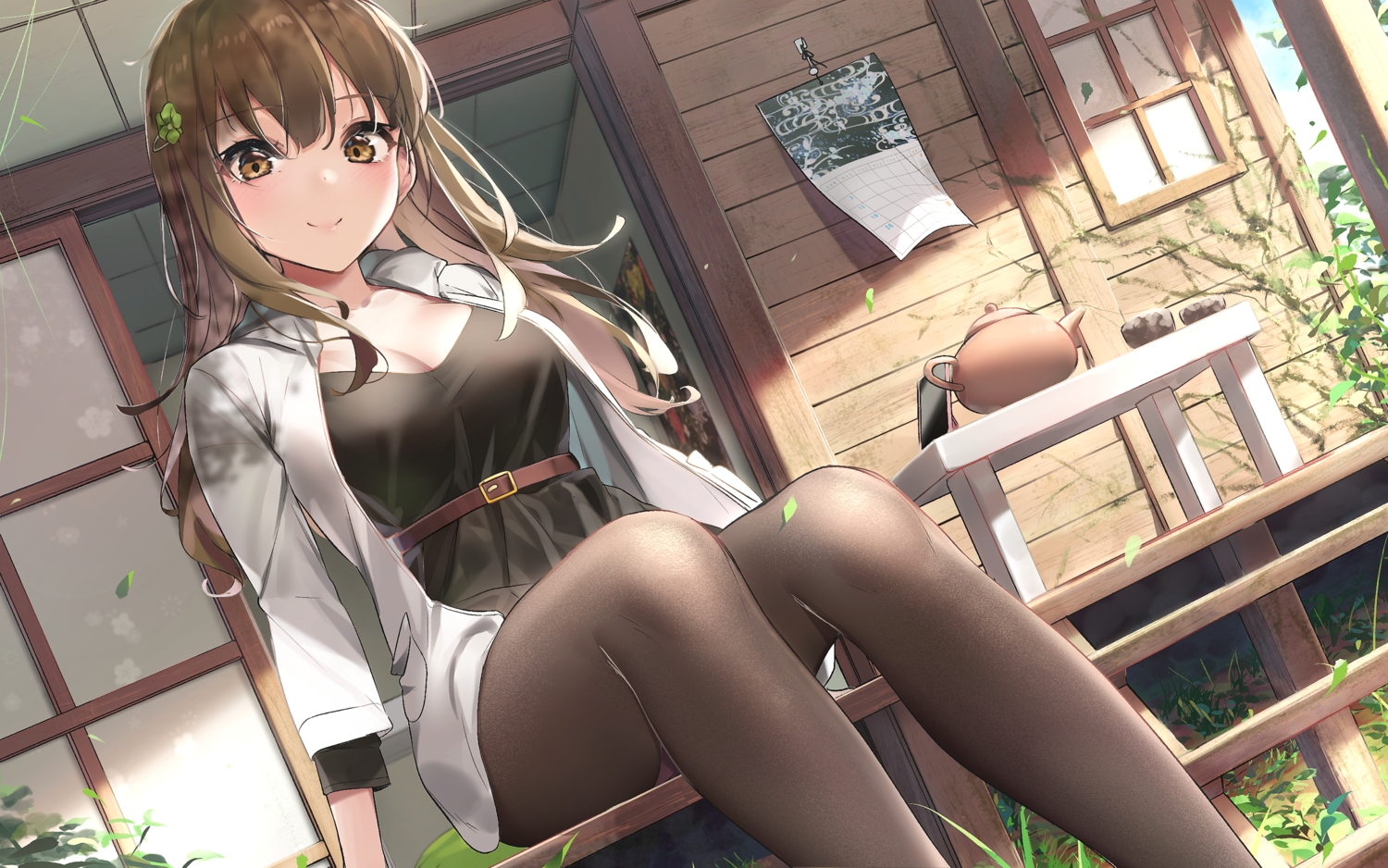 blush, breasts, brown_eyes, brown_hair, cleavage, grass, long_hair, original, pantyhose, wet.elephant