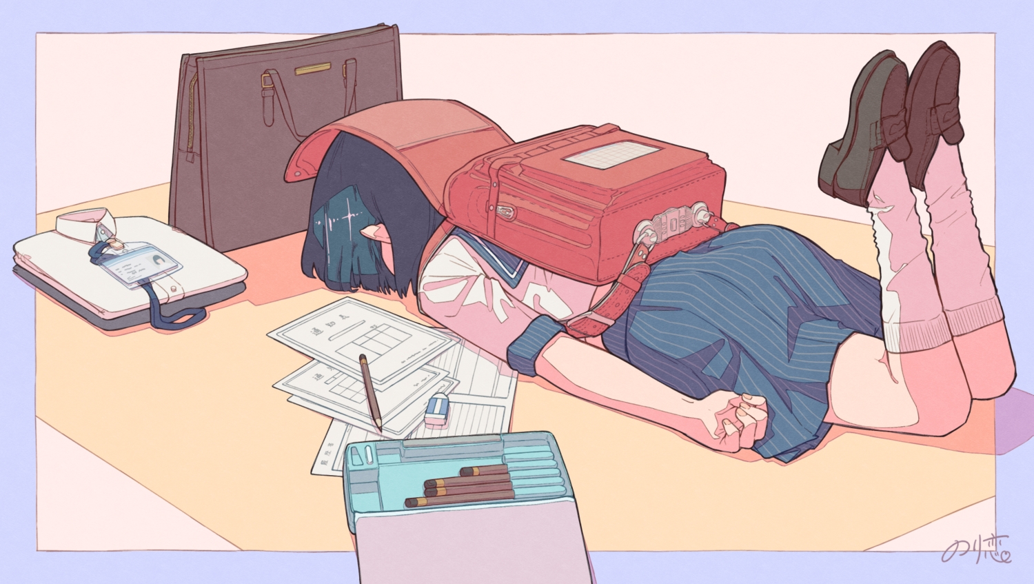 blue_hair, kneehighs, norikoi, original, paper, school_uniform, shirt, short_hair, signed, skirt, socks, uniform
