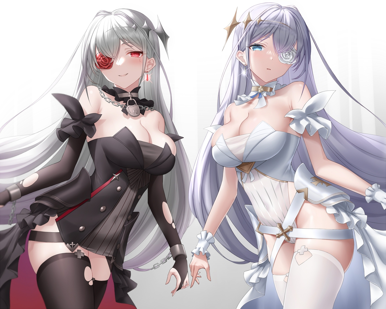 2girls, anthropomorphism, aqua_eyes, azur_lane, blush, breasts, chain, cleavage, cross, elbow_gloves, emden_(azur_lane), eyepatch, flowers, gloves, gray_hair, leotard, long_hair, naga_(pixiv70891418), purple_hair, red_eyes, rose, thighhighs, torn_clothes
