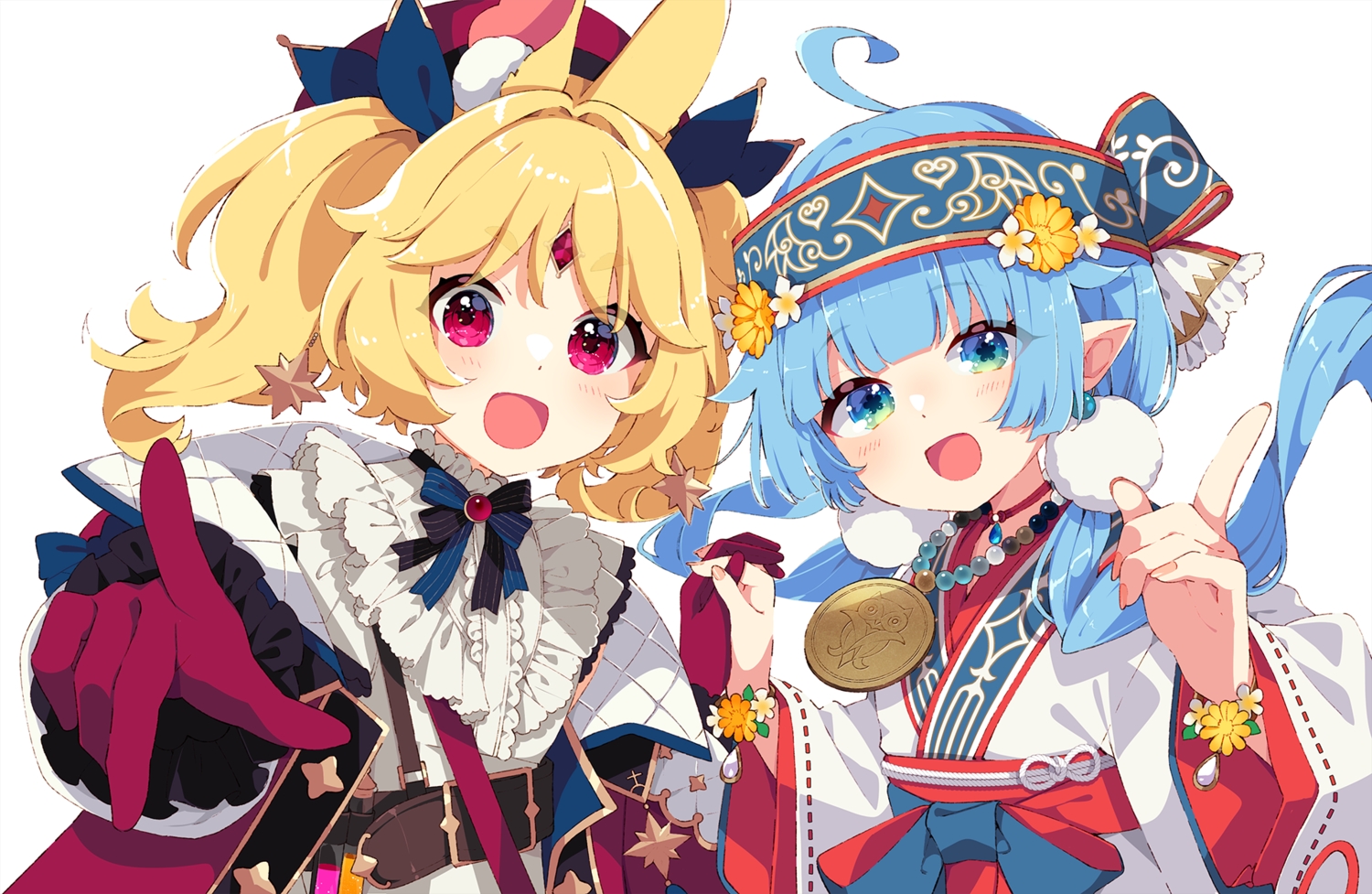 2girls, animal_ears, blonde_hair, blue_eyes, blue_hair, blush, bow, bunny_ears, bunnygirl, gloves, hat, headband, kokoroni_nonno, loli, long_hair, mamyouda, necklace, nicola_aldin, pointed_ears, red_eyes, ribbons, seventh_happiness, twintails