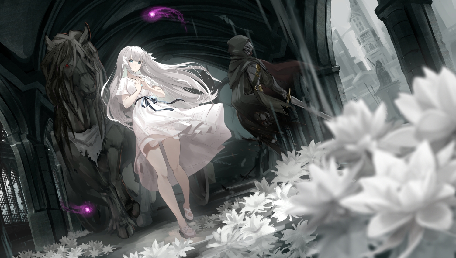 animal, ender_lilies_quietus_of_the_knights, flowers, gray_hair, horse, lily_(ender_lilies), long_hair, male, noir_socery777, sword, umbral_knight_(ender_lilies), weapon