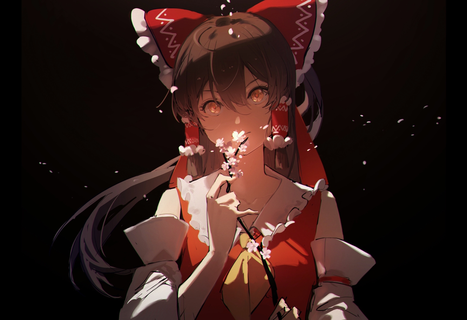 black, bow, brown_eyes, brown_hair, cherry_blossoms, close, flowers, hakurei_reimu, hua_ben_wuming, japanese_clothes, long_hair, miko, petals, touhou