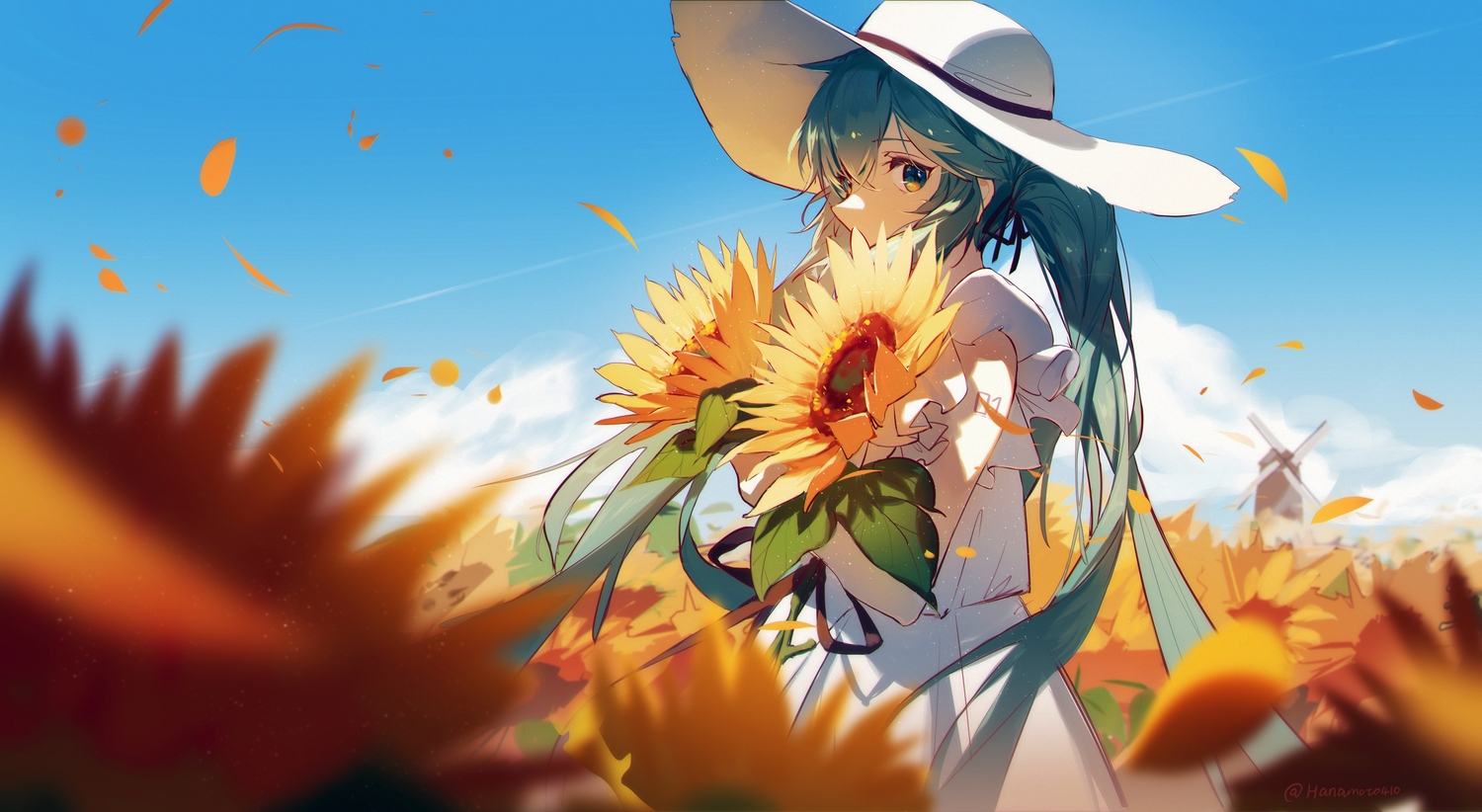 dress, flowers, green_eyes, green_hair, hat, hatsune_miku, hua_ben_wuming, long_hair