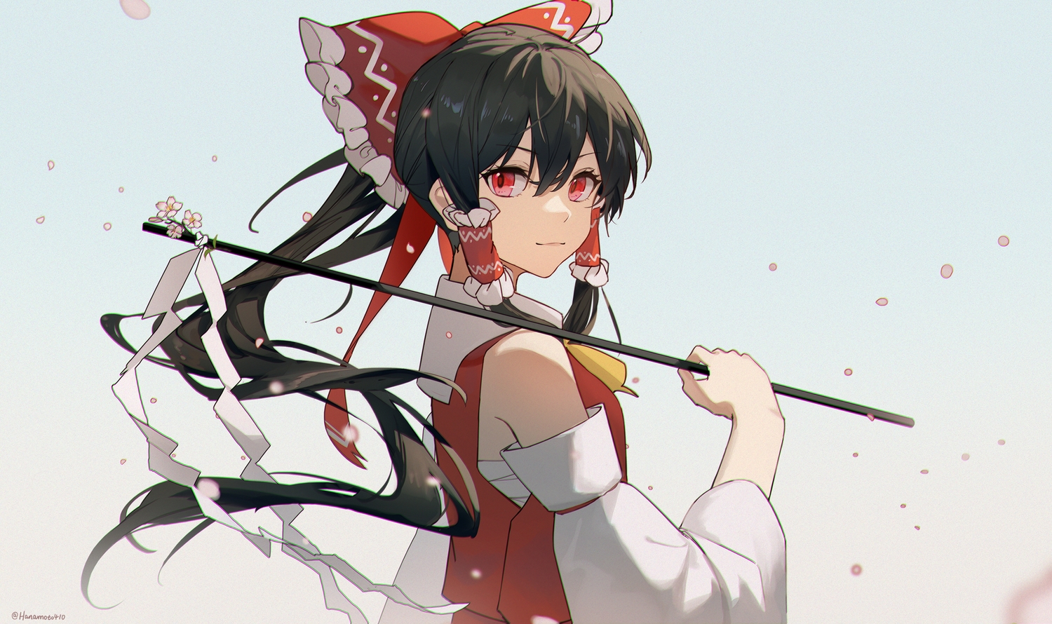 black_hair, bow, cherry_blossoms, flowers, gradient, hakurei_reimu, hua_ben_wuming, japanese_clothes, long_hair, miko, petals, ponytail, red_eyes, sarashi, signed, touhou, underwear
