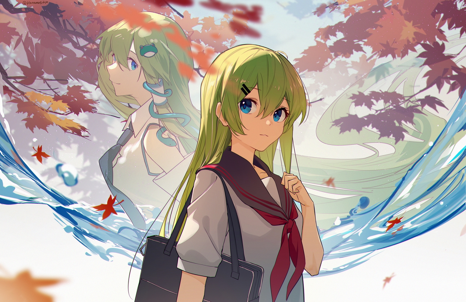 animal, aqua_eyes, autumn, green_hair, hua_ben_wuming, japanese_clothes, kochiya_sanae, leaves