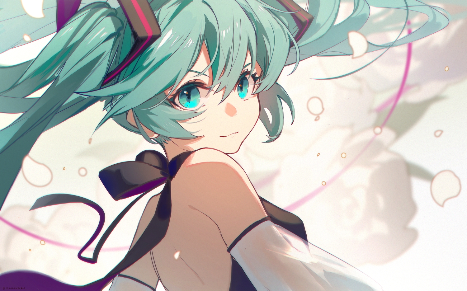 bow, close, flowers, green_eyes, green_hair, hatsune_miku, hua_ben_wuming, long_hair