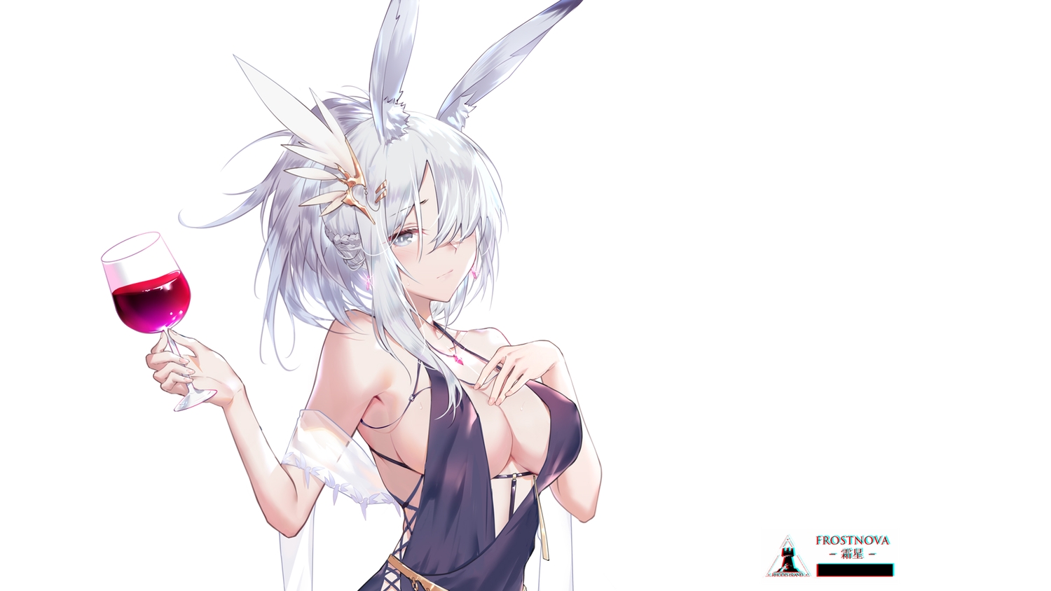 animal_ears, arknights, blush, braids, breast_hold, breasts, bunny_ears, bunnygirl