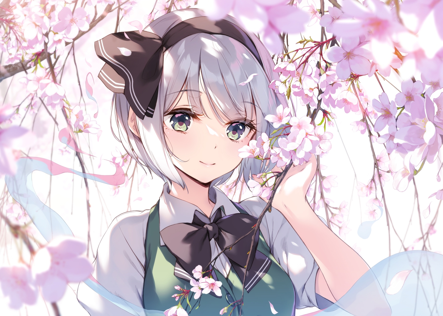 bow, cherry_blossoms, close, flowers, gray_hair, green_eyes, headband, ke-ta, konpaku_youmu, myon, shirt, short_hair, touhou