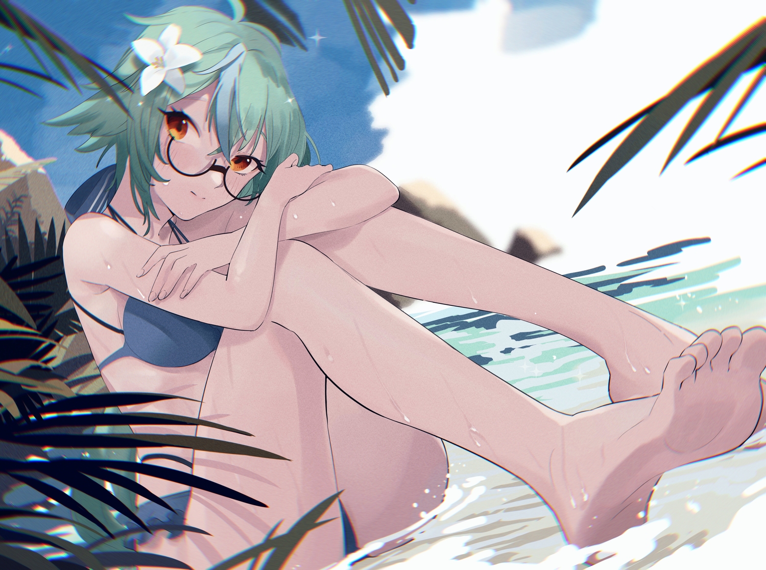barefoot, bikini, genshin_impact, glasses, green_hair, igawa_hikaru, orange_eyes, sucrose_(genshin_impact), summer, swimsuit