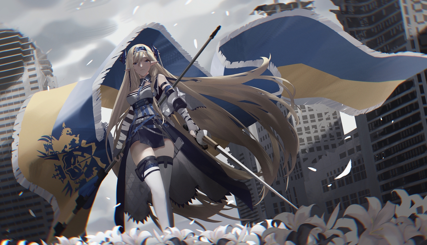 arknights, bandage, blonde_hair, breasts, building, city, cleavage, clouds, flowers, headband, horns, igawa_hikaru, long_hair, pointed_ears, ruins, saileach_(arknights), skirt, sky, spear, tie, weapon