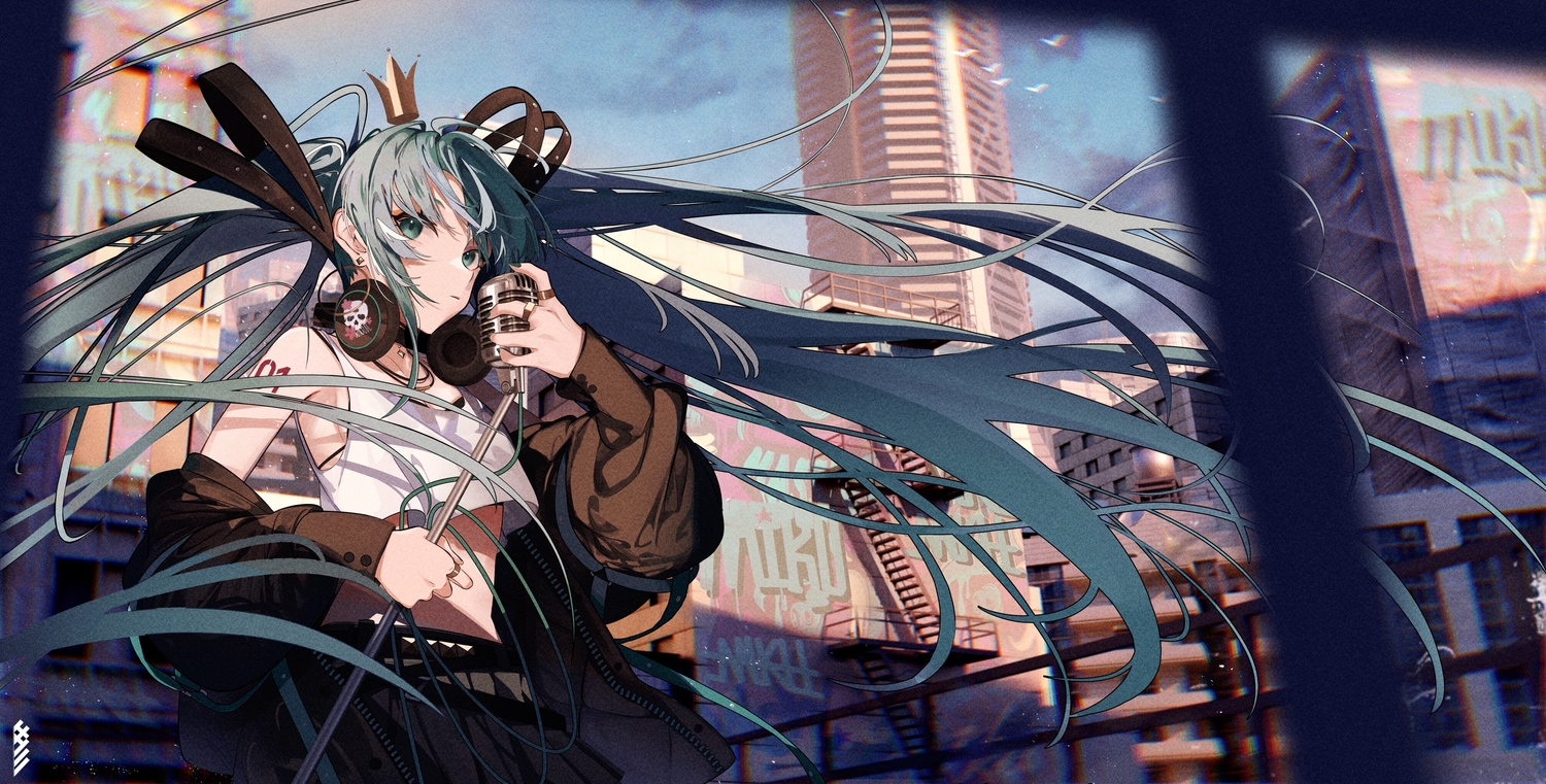 animal, bird, building, city, crown, green_eyes, green_hair, hatsune_miku, headphones, igawa_hikaru, long_hair, microphone, necklace, twintails, vocaloid