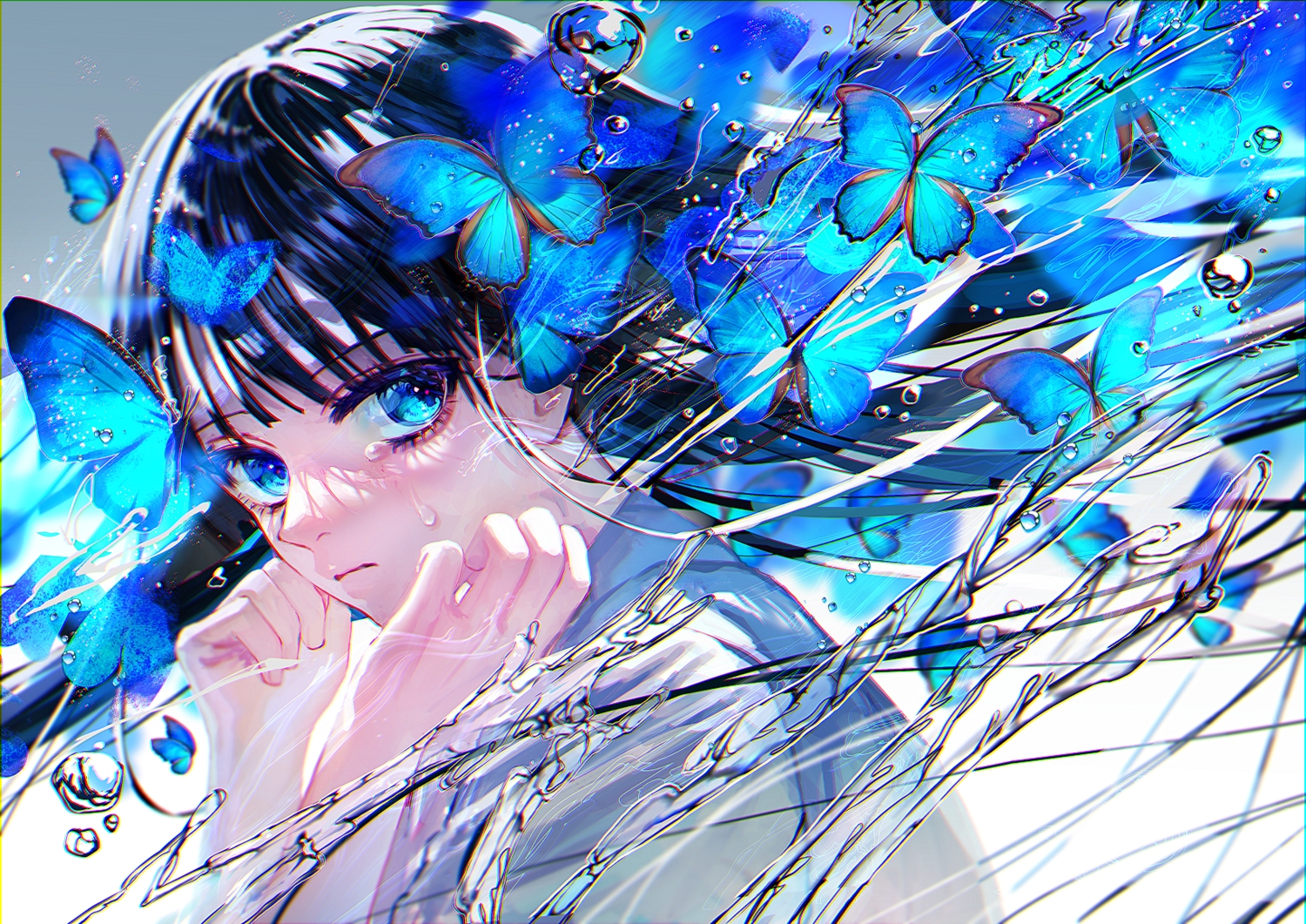 aqua_eyes, black_hair, blue, butterfly, close, long_hair, original, school_uniform