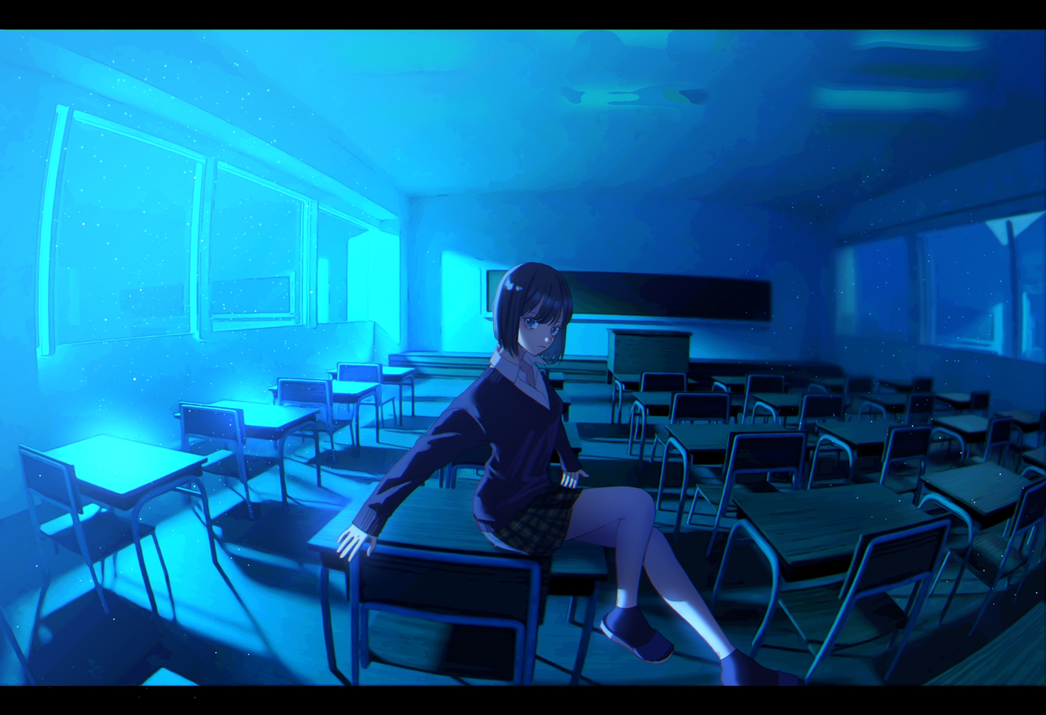blue, dark, original, scenic, school_uniform, short_hair, ume_neko_(otaku-nyanko)