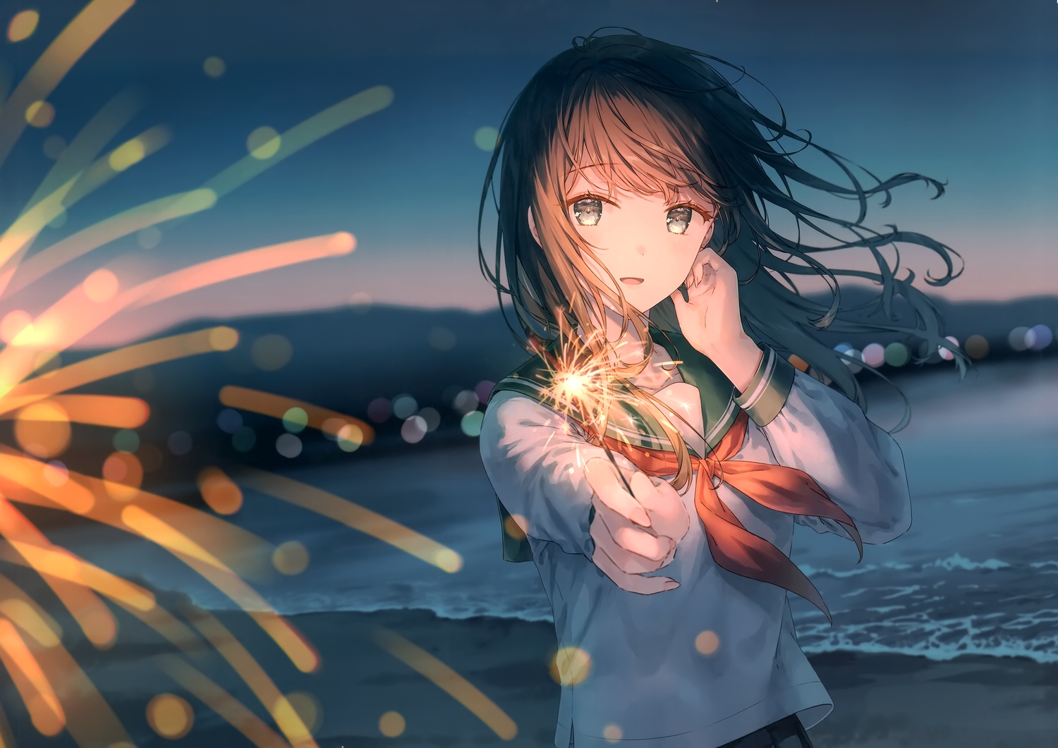 beach, blush, brown_hair, fireworks, gray_eyes, hiten_(hitenkei), long_hair, night